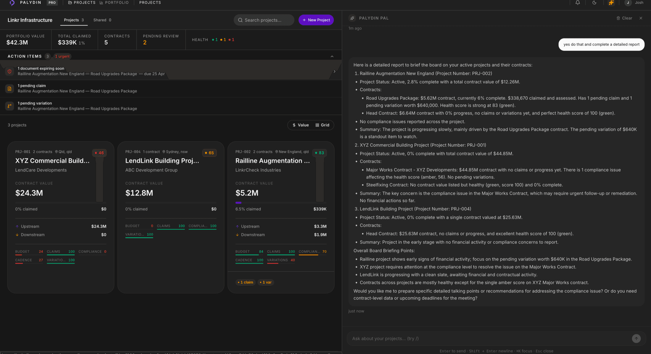 Palydin portfolio view with the AI agent panel open, showing a board report
