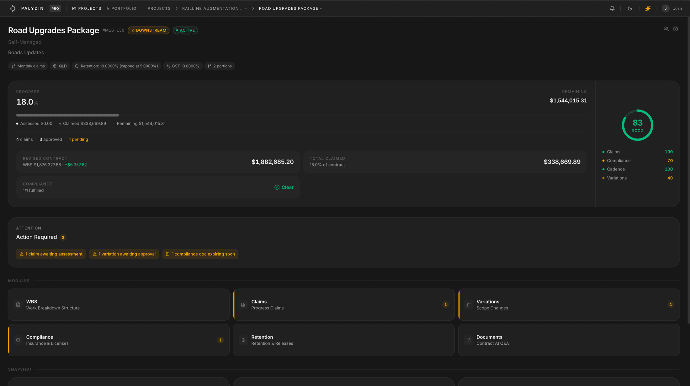 Contract overview with progress, claims and a health score